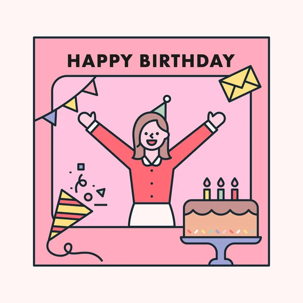 Woman Having Birthday Party Frame Decorated Cute Icons Flat Design — Stock Vector