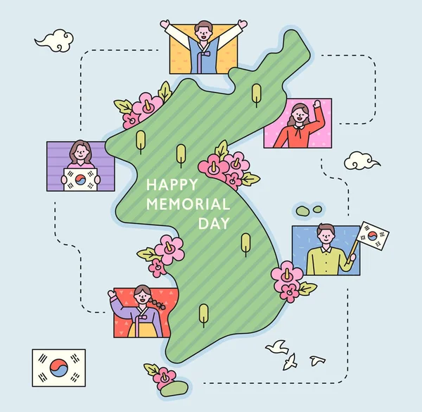 韩国地图和在各地区从事独立运动的人的地图 平面设计风格最小矢量插图 — 图库矢量图片