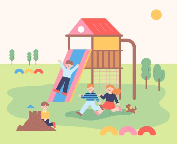 Children Playing Friends Playground Flat Design Style Minimal Vector Illustration - Stok Vektor