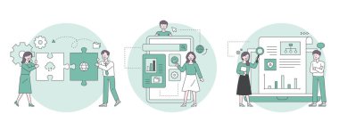 Dijital aygıttaki ayar simgesini açıklayan adam, iki yapboz yapan meslektaşı, analize internetten bakan insanlar. Ana hatlar düz tasarım biçimi minimum vektör çizimi.