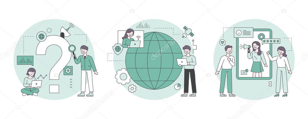 People looking for answers around question marks. A person having a global meeting between globes. People doing reviews on mobile. Outline flat design style minimal vector illustration set.