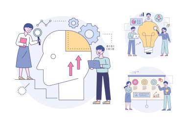 Uzmanlar insan beynine bakıyor ve fikir pazarlamasını inceliyorlar. Ana hatlar düz tasarım biçimi minimum vektör çizimi.