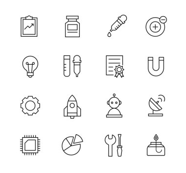Bilim ve teknoloji nesne simgeleri koleksiyonu. Basit siyah çizgi tasarımı.