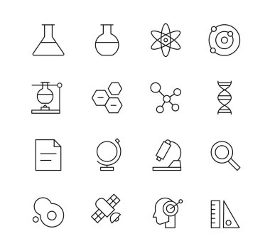 Bilim ve teknoloji nesne simgeleri koleksiyonu. Basit siyah çizgi tasarımı.