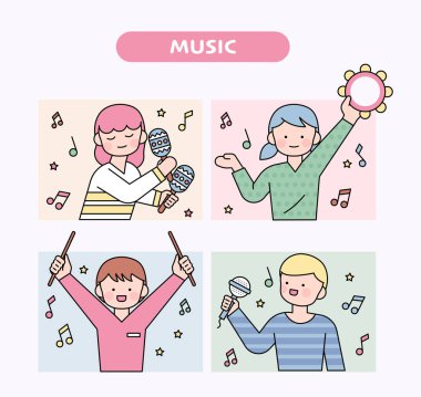 Müzik enstrümanları çalıp eğlenen sevimli çocuklar. düz tasarım biçimi asgari vektör çizimi.