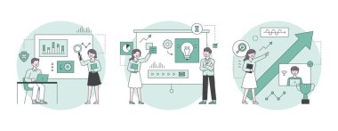 Grafikleri analiz eden insanlar, fikirleri sunan insanlar, büyüme grafiklerine bakan insanlar. Ana hatlar düz tasarım biçimi minimum vektör çizimi.