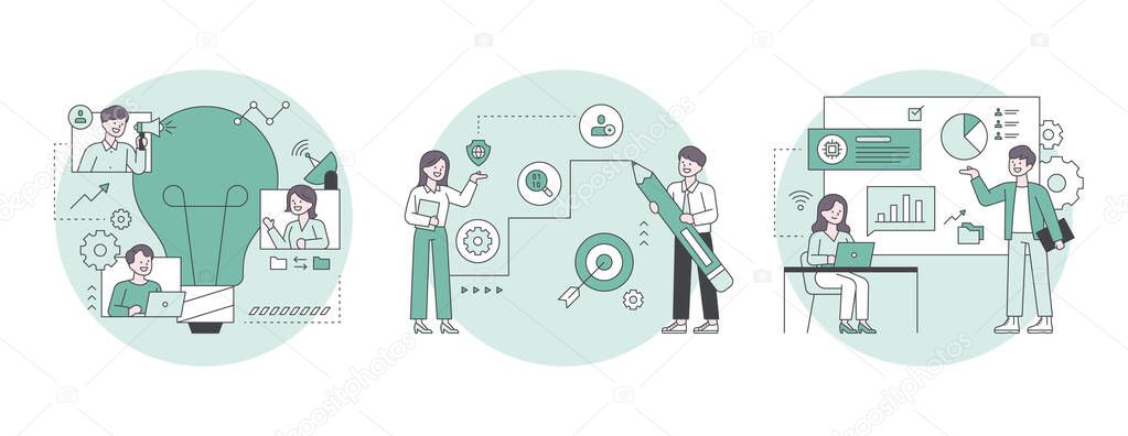 People who think of ideas, people who draw graphs with pencils, people who present materials while looking at the screen. Outline flat design style minimal vector illustration set.