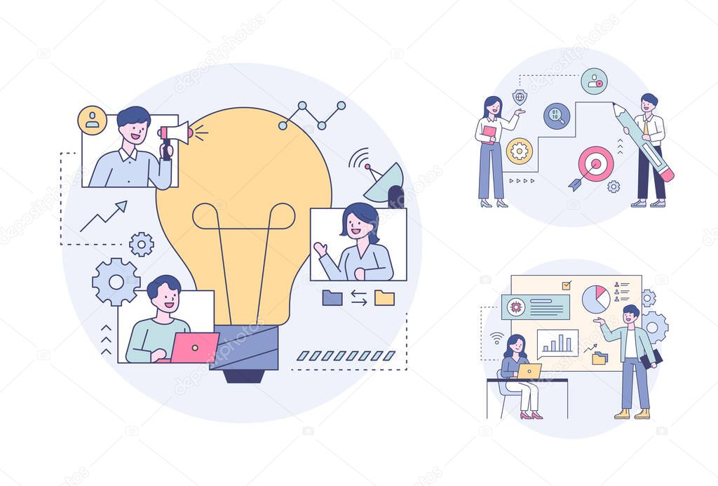 People having a meeting around a large light bulb and making a presentation while looking at the graph. Outline flat design style minimal vector illustration set.