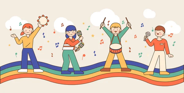 Leuke Kinderen Spelen Muziekinstrumenten Regenboog Schets Eenvoudige Vector Illustratie — Stockvector