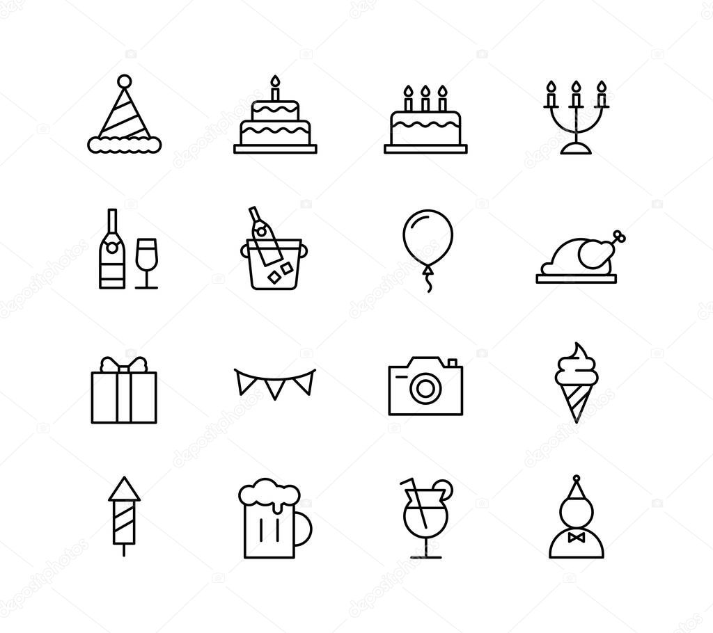 Birthday party event icon set. outline simple vector illustration.
