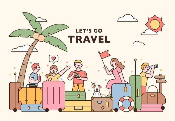 Vacation Travel Concept Banner Poster Suitcases Piled People Having Fun — Vetor de Stock
