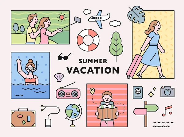 People Vacation Vacation Icon Set Composition Square Frame Flat Design - Stok Vektor