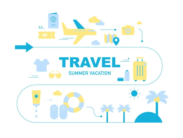Summer Vacation Travel Icons Arranged Road Flat Design Style Minimal — Stock Vector