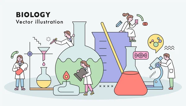 Los Científicos Están Haciendo Experimentos Científicos Investigación Junto Con Enormes — Vector de stock