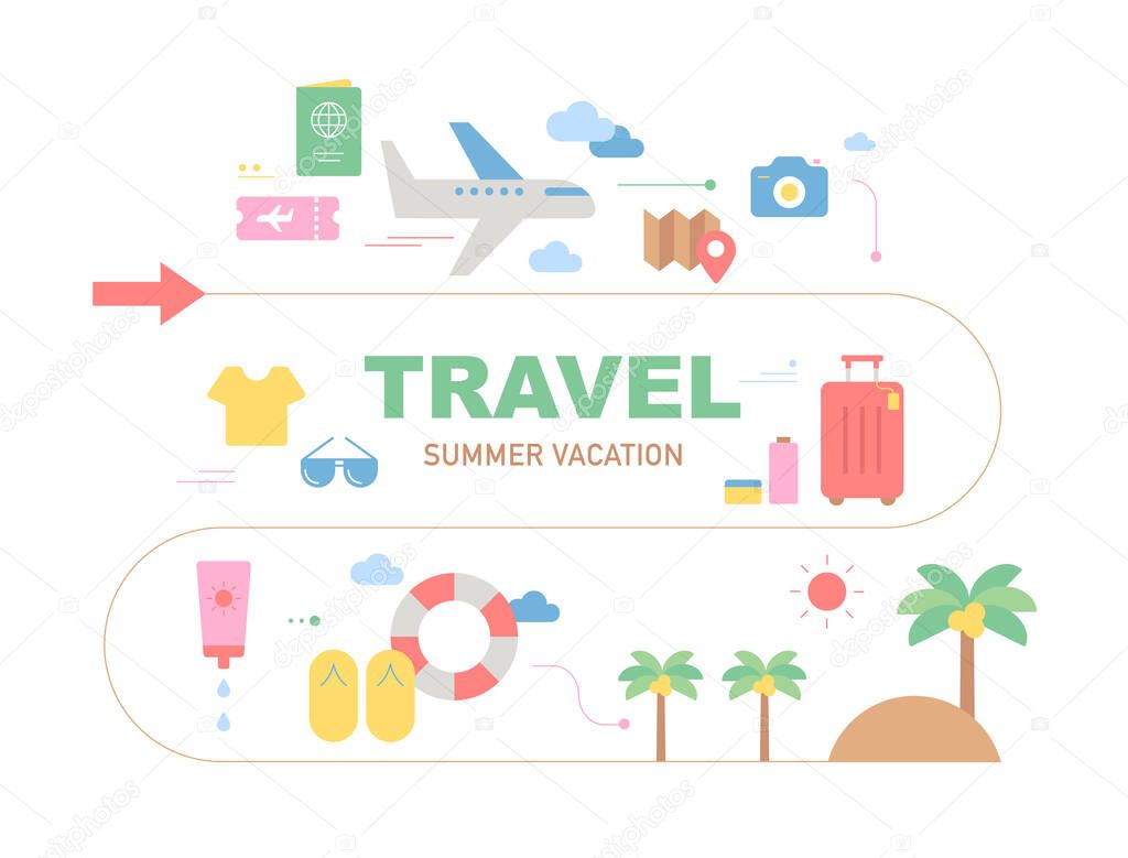 Summer vacation travel icons arranged along the road. flat design style minimal vector illustration.