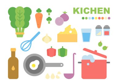 Cooking ingredients and cooking utensils in the kitchen. flat design style minimal vector illustration.