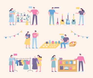 Flea market place. People who sell and people who buy second-hand goods. flat design style minimal vector illustration.