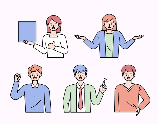 People Doing Various Gestures Flat Design Style Minimal Vector Illustration — Stock Vector