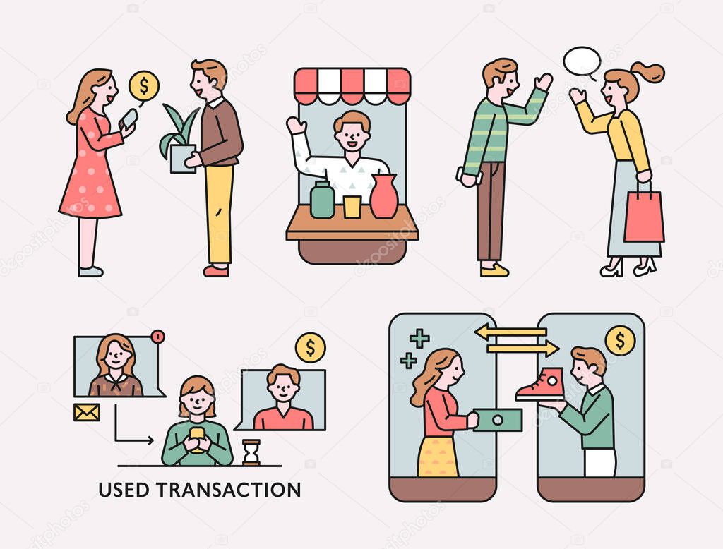 People who purchase goods on mobile or meet in person. flat design style minimal vector illustration.