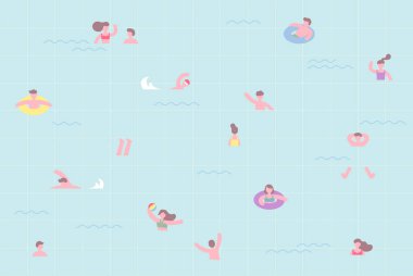 İnsanlar havuzda yüzüyor. Kalıp bileşiminin basit ve küçük karakterleri. düz tasarım biçimi asgari vektör çizimi.