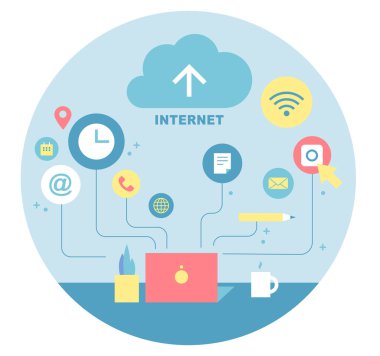 İnternet simgeleri birbirine bağlıdır ve dizüstü bilgisayarın etrafında yüzer. Dairesel tasarım afişi. düz tasarım biçimi asgari vektör çizimi.