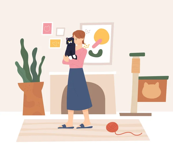 Woman Holding Cat Her House Interior Background Flat Design Style — Stok Vektör