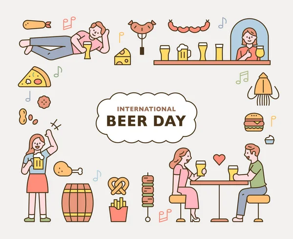 Beer Day People Drinking Beer Pub Various Food Icons Flat — Vettoriale Stock