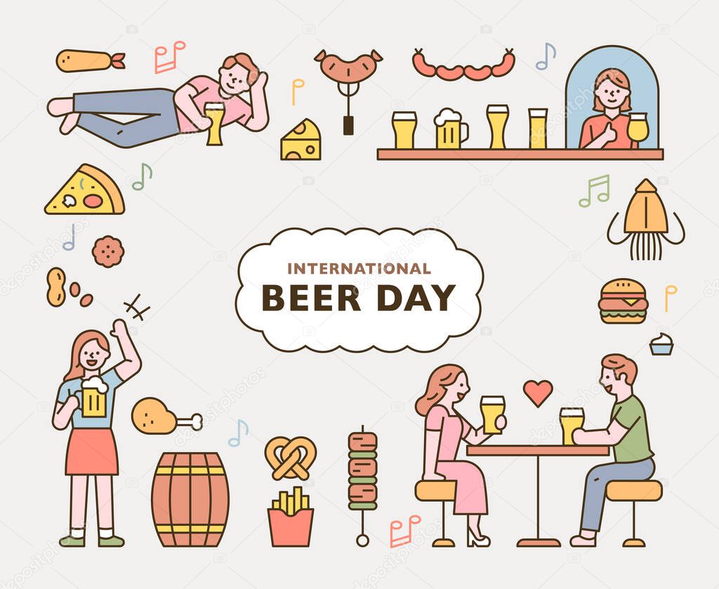 beer day. People drinking beer in pub and various food icons. flat design style minimal vector illustration.