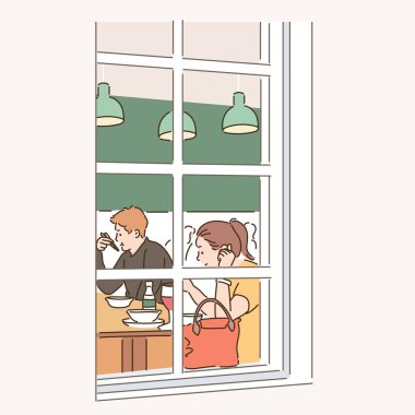 People eating in the restaurant can be seen through the window. hand drawn style vector design illustrations. vector People eating in the restaurant can be seen through the window. hand drawn style vector design illustrations. vector