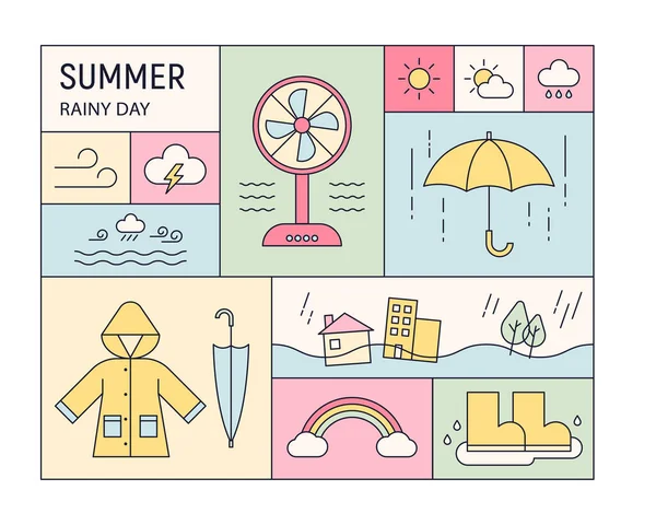 Summer Rainy Season Icons Objects Arranged Quilted Layout Outline Simple — Wektor stockowy