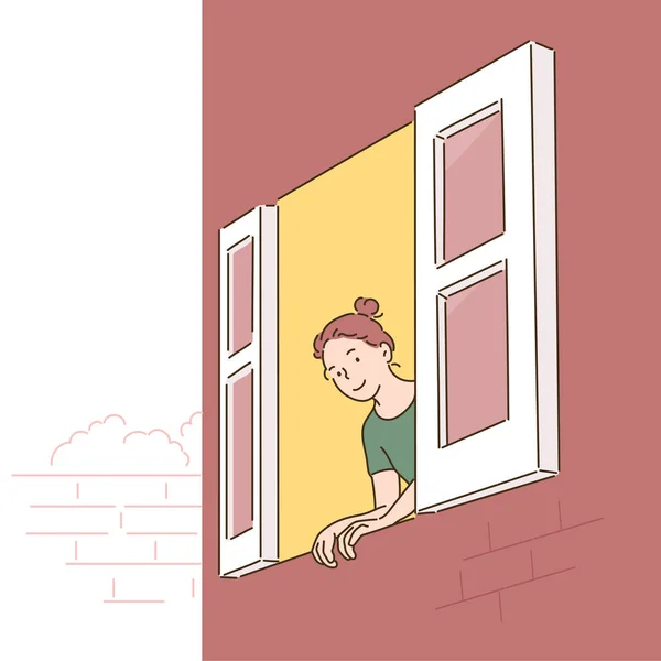 Eine Frau Öffnet Das Fenster Und Schaut Hinaus Handgezeichnete Stil — Stockvektor