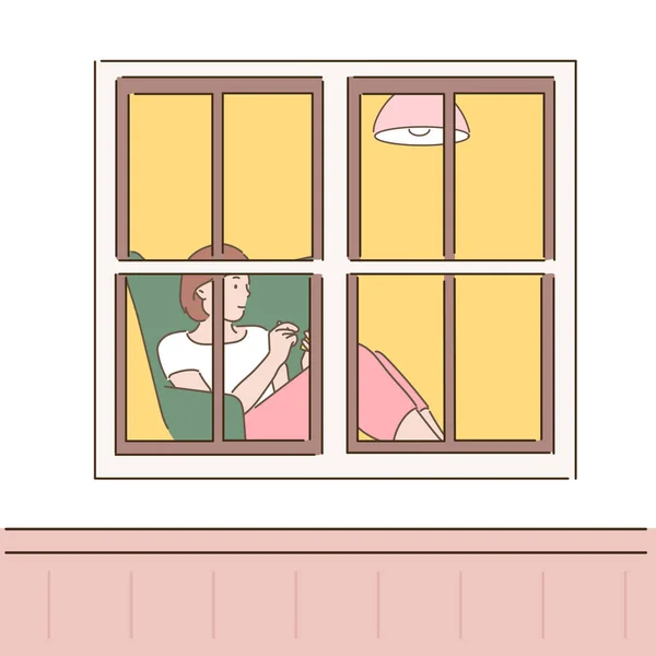 窓から見える女性がソファに腰を下ろして休んでいる 手描きのベクターデザインイラスト — ストックベクタ