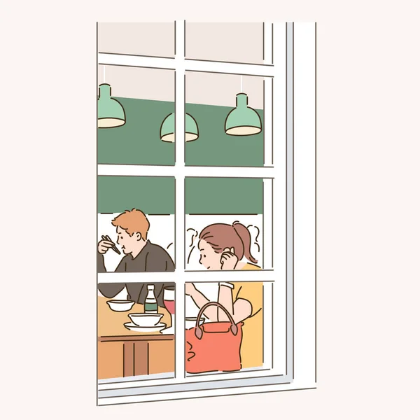 レストランで食べる人は窓から見ることができます 手描きのベクターデザインイラスト — ストックベクタ