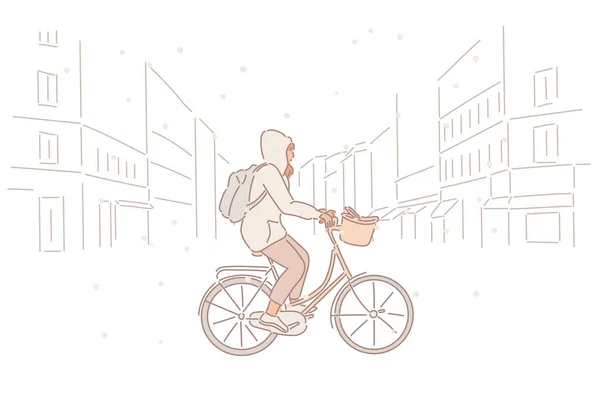 雪の日に女性が通りを自転車に乗っている 手描きのベクターデザインイラスト — ストックベクタ