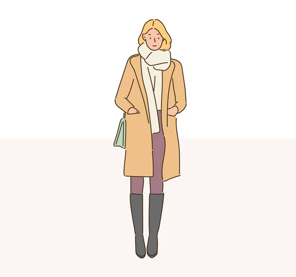 Fashionable Woman Standing Long Coat Hand Drawn Style Vector Design — Stockový vektor