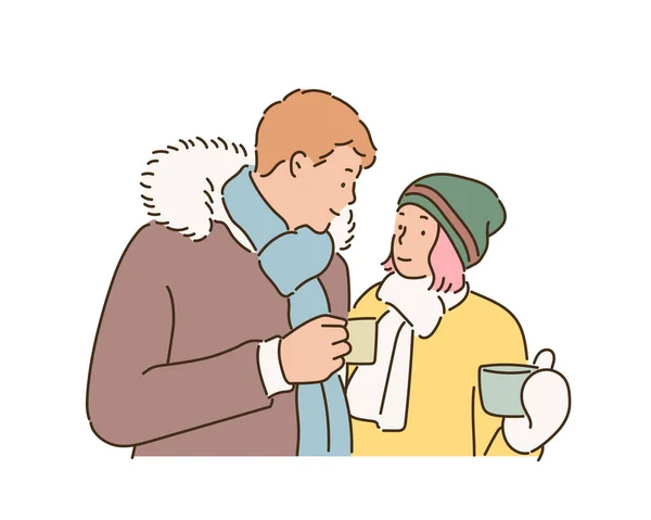 Couple Winter Fashion Style Holding Hot Drink Hands Hand Drawn — Image vectorielle