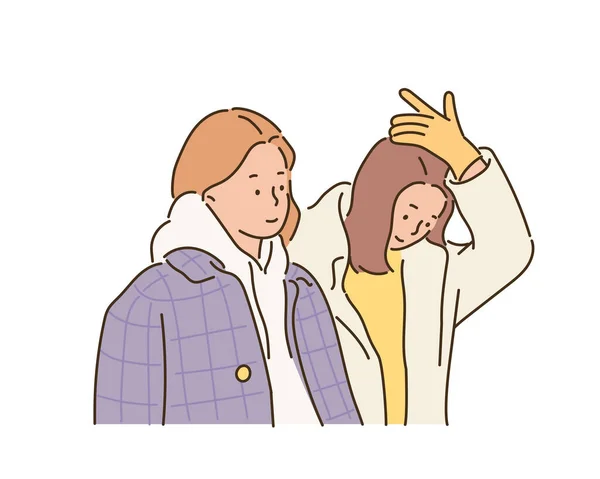 Zwei Frauen Wintermänteln Handgezeichnete Stil Vektor Design Illustrationen — Stockvektor