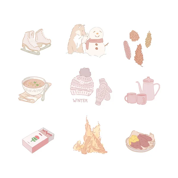 Winter Items Collection Hand Drawn Style Vector Design Illustrations — Stok Vektör