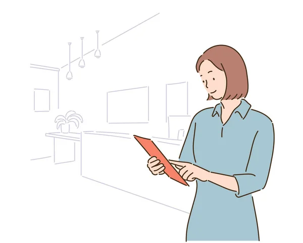Business Woman Looking Documents Hand Drawn Style Vector Design Illustrations — Stok Vektör