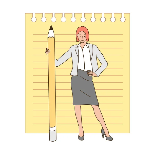 Eine Frau Steht Mit Einem Großen Bleistift Handgezeichnete Stil Vektor — Stockvektor