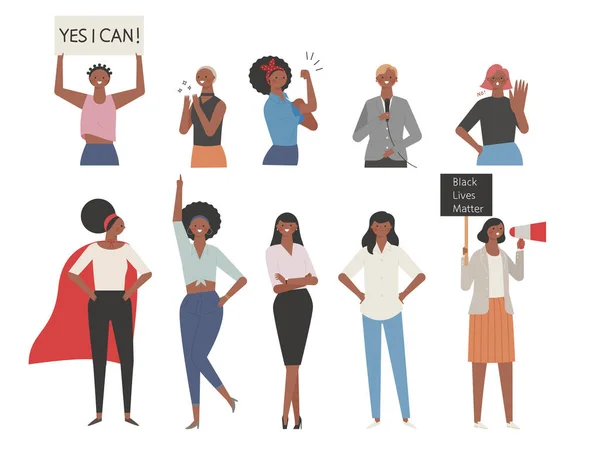 黒人女性の力を示すキャラクターのコレクション — ストックベクタ