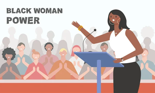 Black Female Character Giving Lecture Stage Clapping Audience — Stock vektor