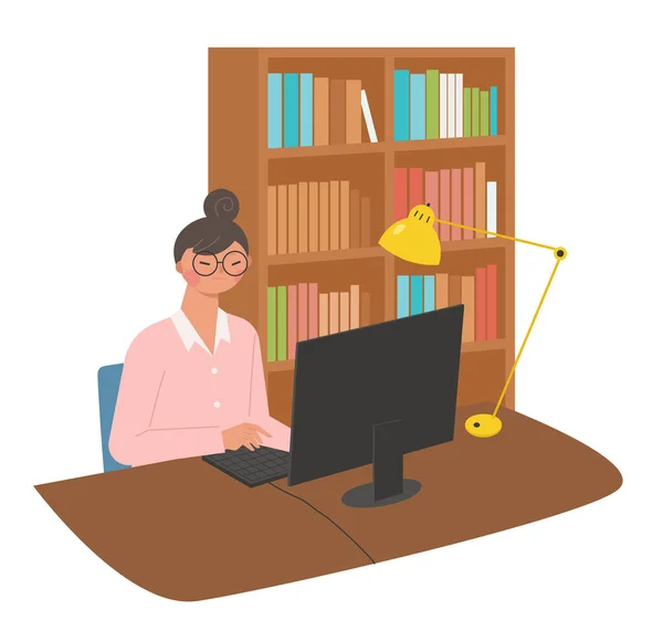 Woman Working Computer Her Study —  Vetores de Stock