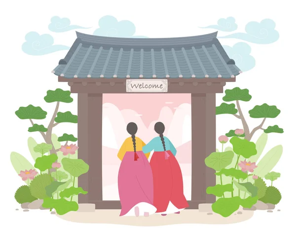 Two Girls Traditional Korean Costumes Enter Traditional Korean Gate — Διανυσματικό Αρχείο