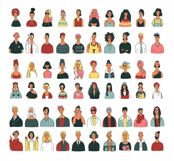 Collection of male and female upper body characters in various fashions and hairstyles.