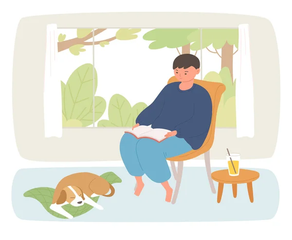 Window Garden View Boy Reading Book Dog Sleeping His Feet — Stok Vektör