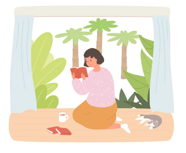 Girl Leisurely Reading Book Floor House Garden Cat Sleeping Next — Stockvector