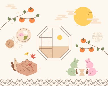 Geleneksel Kore nesne tasarımlı Chuseok tebrik kartı. düz tasarım biçimi asgari vektör çizimi.