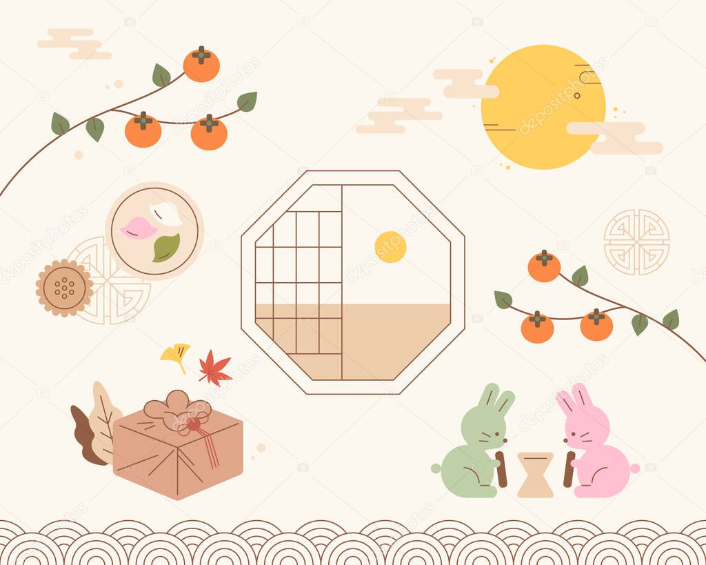 Chuseok greeting card with traditional Korean object design. flat design style minimal vector illustration.