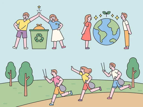 Ludzie Zbierający Przybijający Piątki Recyklingu Ludzie Stojący Ziemią Pomiędzy Ludzie — Wektor stockowy